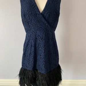 Marchesa Voyage Navy Feather Cocktail Dress